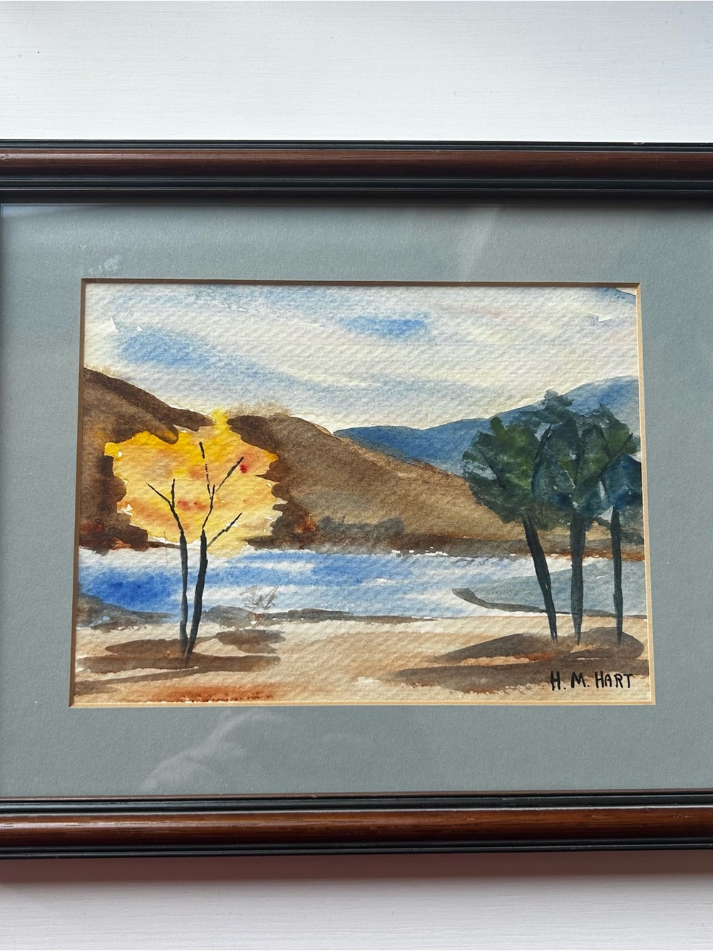 Framed Landscape Watercolor in Blue and Brown